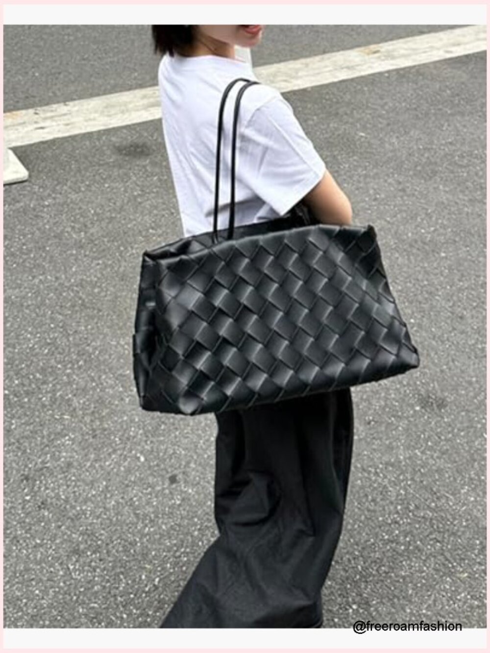 Vegan Leather Woven Tote Bag with Magnetic Snap Closure for Work Travel - Picture 2 of 6